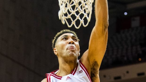 Indiana's Trayce Jackson-Davis (23) dunks during the Indiana versus St. Francis men's basketball game at Simon Skjodt Assembly Hall on Thursday, Nov. 3, 2022.